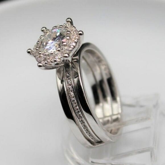 1 Ct Round-Cut Moissanite Wedding Ring Set Rhodium Plated 925 Sterling Silver 8 - Picture 4 of 10
